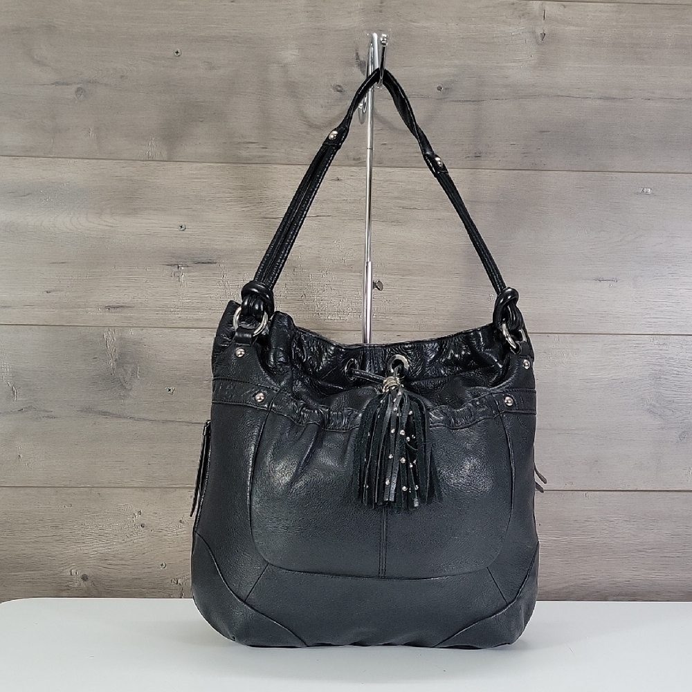 B.Makowsky Black Leather Tassel Shoulder Bag